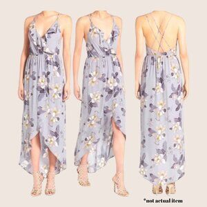 💜 ASTR THE LABEL FLORAL RUFFLE SURPLICE HIGH LOW MAXI DRESS LAVENDER GRAY XS